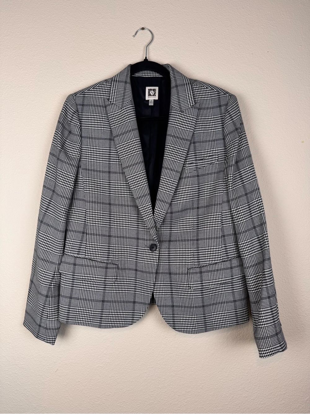 Anne Klein Womens 10 Glen Plaid Blazer Black White Tailored One Button Jacket